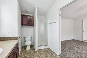 A bathroom with a toilet, sink, and shower at Country Lane, Cheyenne, Wyoming