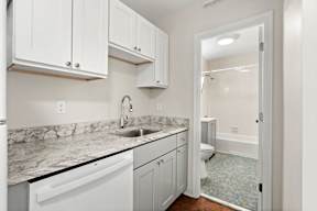 A white kitchen with a marble counter top and a white dishwasher.