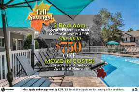 fall savings on 2 bedroom apartment homes starting as low as 750 off move in
