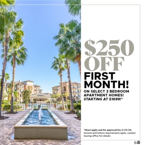 $250 OFF First Month on Select 3 Bedroom Apartment Homes Starting at $1,699!