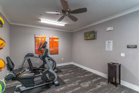 fitness center with paintings and a tv on the wall