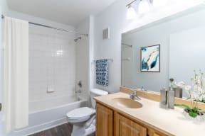 a bathroom with a white bathtub and a white toilet next to a sink with a mirror