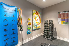 a home gym with weights and a large colorful graphic on the wall