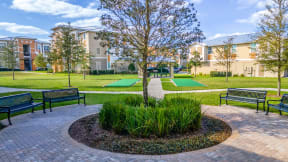 a park with a tree and benches in front of an apartment building