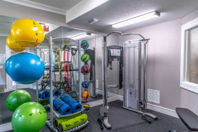 a gym with a lot of exercise equipment and weights