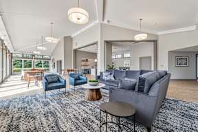 A modern living room with a grey sofa and blue chairs.