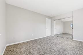 A large, empty room with a carpeted floor and a glass door leading to another room.