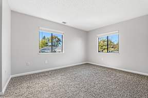 A room with two windows and carpeted floor.