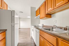 A kitchen with wooden cabinets and a white dishwasher.