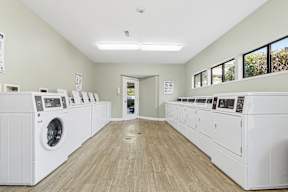 A laundromat with rows of washers and dryers.