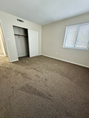 an empty room with carpet and a door to a closet