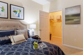 a bedroom with a bed and a closet with a door to a bathroom