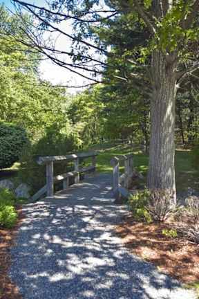 a path through a park with a wooden bridge