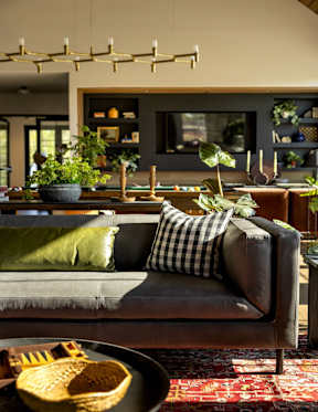 a living room with a couch and a table with plants