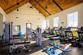 A gym with a variety of equipment including treadmills, weights, and exercise balls.