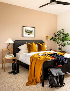 A bedroom with a bed, a ceiling fan, a nightstand with a lamp, a potted plant, and a backpack.