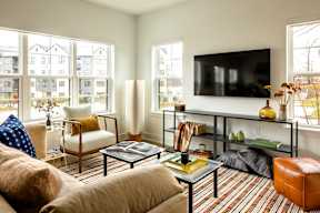 A living room with a large window, a flat screen TV, and a striped rug.