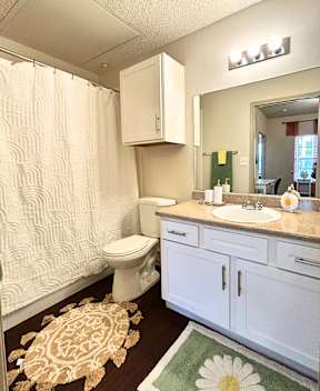 A white bathroom with a toilet, sink, and shower curtain.