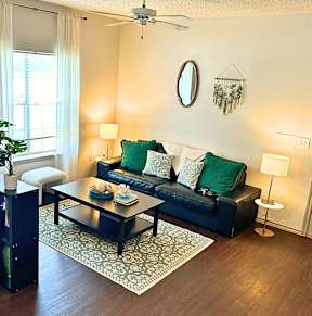 A living room with a black couch, a coffee table, and a ceiling fan.