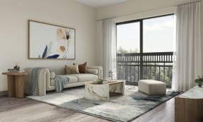 a living room with a white couch and a large window