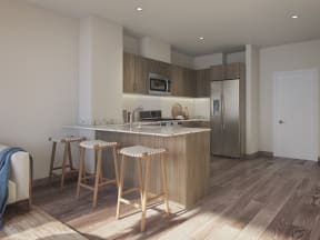 a kitchen with a marble counter top and three stools