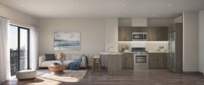 a rendering of a living room and kitchen in an apartment