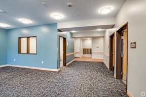 A hallway with a blue wall and carpeted floor.