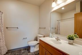 A bathroom with a toilet, sink, and mirror.