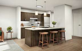 A modern kitchen with wooden stools and a bar area.