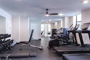 A gym with a variety of equipment including treadmills, weights, and a fan.