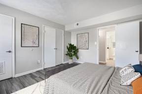 A bedroom with a large bed and a plant in the corner.