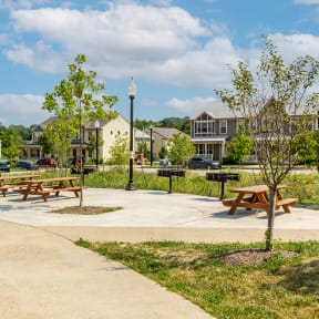 a park with picnic tables and houses in the background