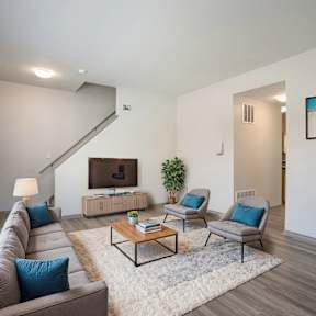 A living room with a grey sofa, a wooden coffee table, and a television on a cabinet.