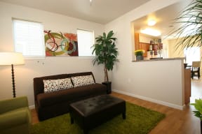 a living room with a leather couch and a green rug