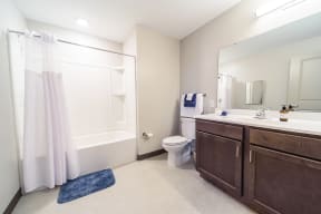 a bathroom with a shower toilet and sink and a mirror