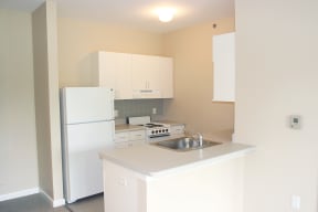 a kitchen with white cabinets and a sink and a refrigerator at Cahill House Senior Apartments in St. Louis, MO
