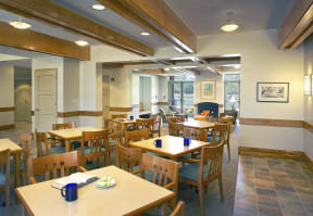 a dining room with tables and chairs and a fireplace at Cahill House Senior Apartments in St. Louis, MO