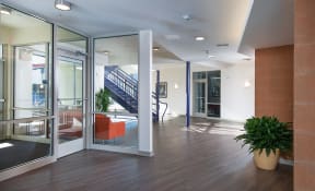 a lobby with glass doors and a potted plant at Cornerstone Village Apartments
