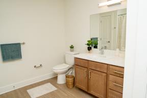 A bathroom with a white toilet, wooden cabinets, and a white sink.