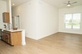 A room with a wooden floor and a window showing trees outside.