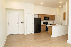 A kitchen with a black fridge and wooden cabinets.
