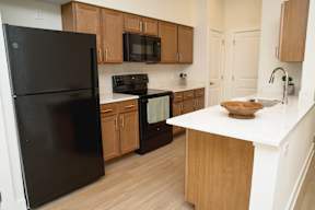 A black refrigerator is in a kitchen with wooden cabinets and a white counter.