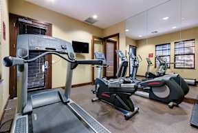 A treadmill and a stationary bike are in a gym.
