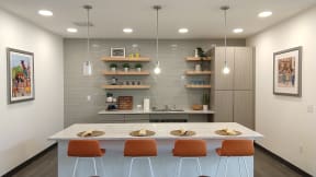 a kitchen with a counter and chairs in front of a table