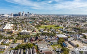 an aerial view of the city and the downtown skyline