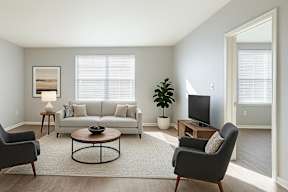 A living room with a grey couch, a black chair, a wooden coffee table, a flat screen TV, and a potted plant.