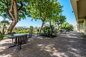 A patio with a table and chairs surrounded by trees.
