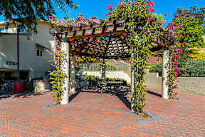 A brick patio with a pergola and flowering plants.