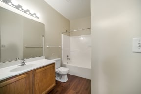 the preserve at ballantyne commons apartment bathroom with toilet sink and mirror