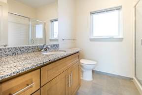 A bathroom with a granite countertop and a toilet.